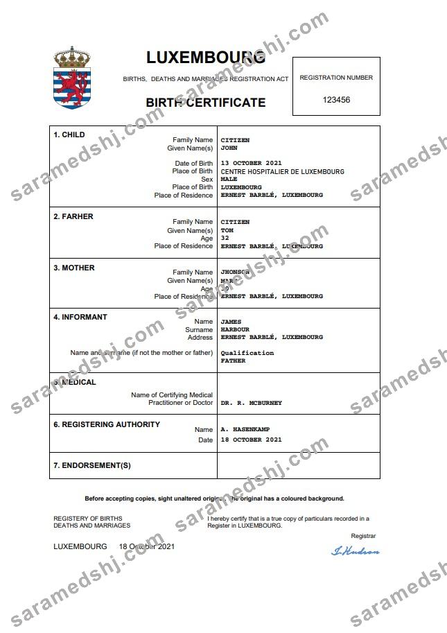 Luxembourg birth certificate Word and PDF template